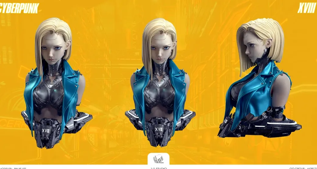1/1 Scale Cyberpunk XVIII Ver. Android 18 Bust Statue with LED - Dragon Ball Resin Statue - 1/1 Studio
