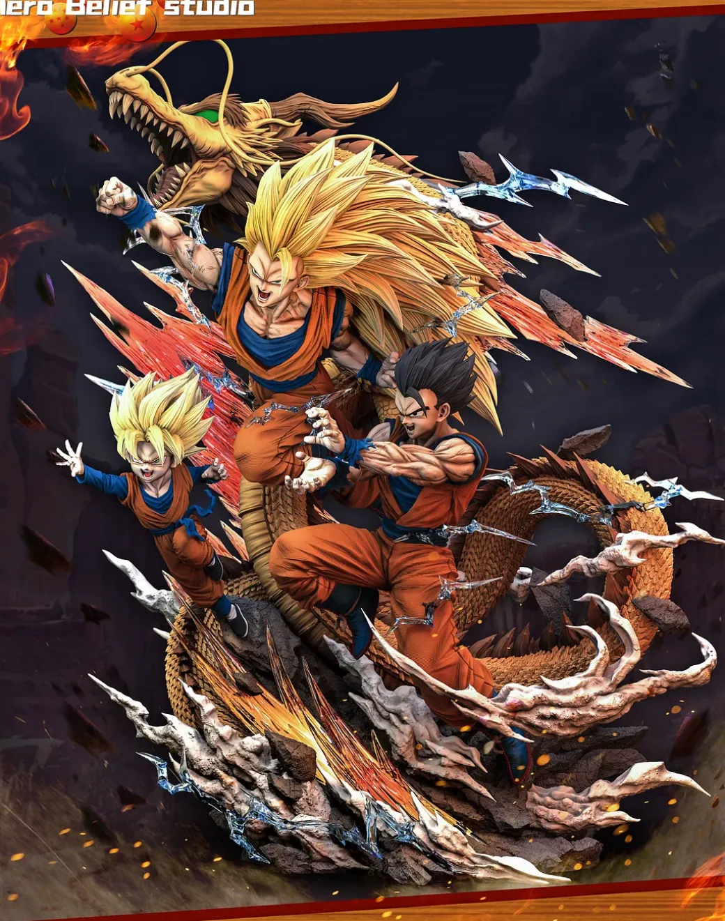 1/6 Scale Super Saiyan 3 Son Goku & Son Gohan & Son Goten - Dragon Ball Resin Statue - Hero Belief Studios