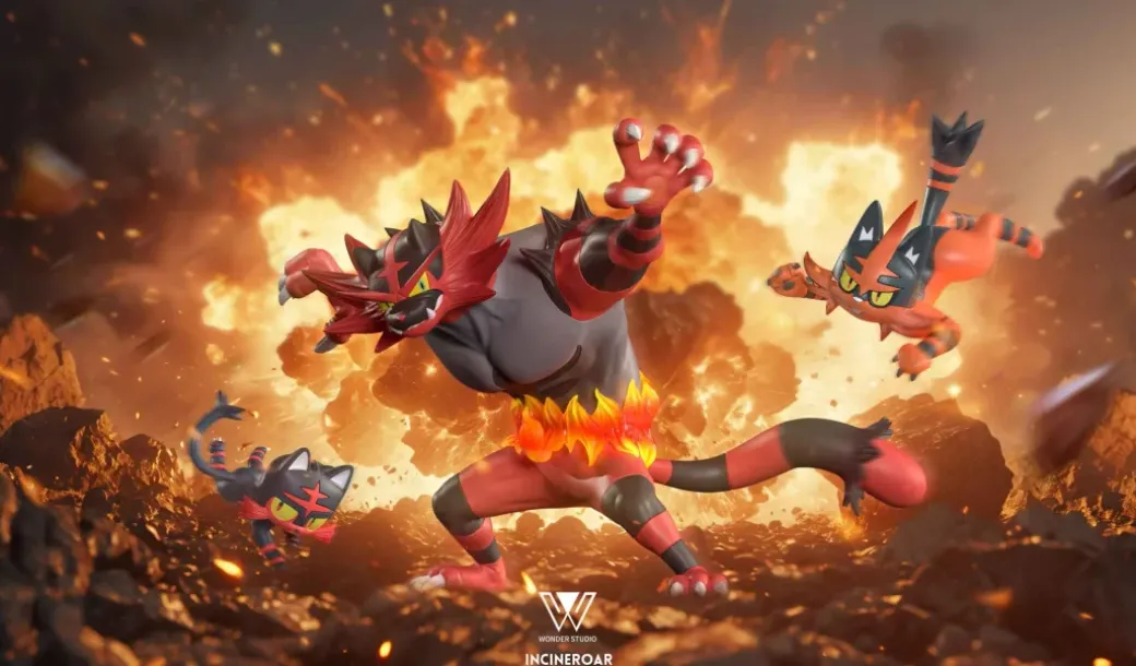 1/20 Scale World Zukan Evolution of Incineroar Set - Pokemon Statue - Wonder Studio