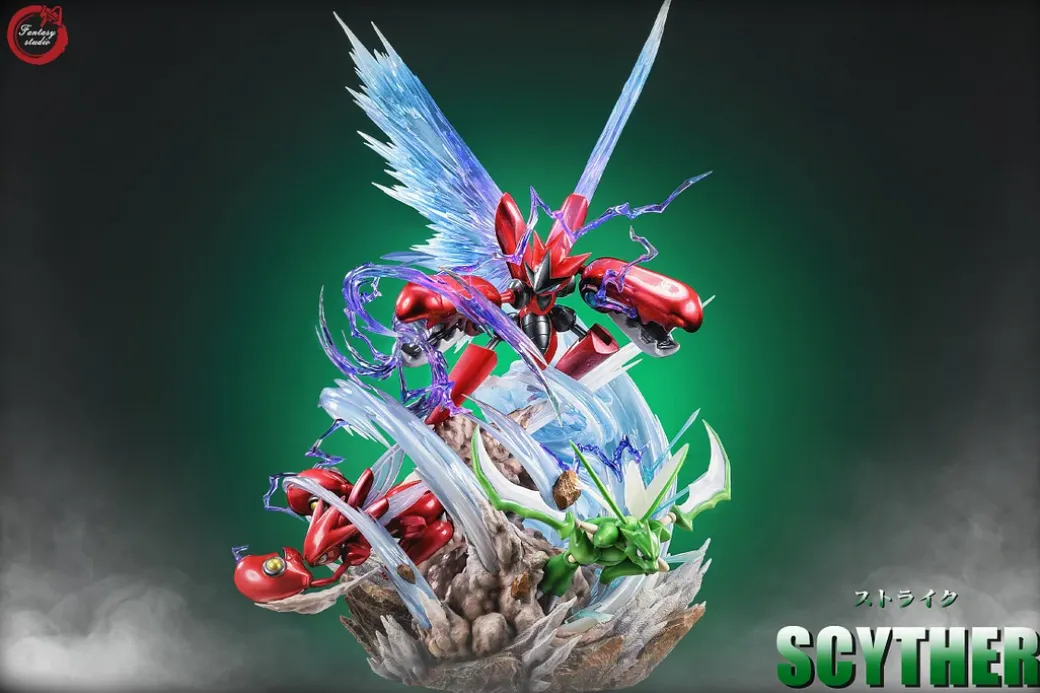 GX Evolution Series 011 Swords Dance Scyther & Bullet Punch Scizor & Flash Cannon Mega Scizor with LED - Pokemon Resin Statue - Fantasy Studios