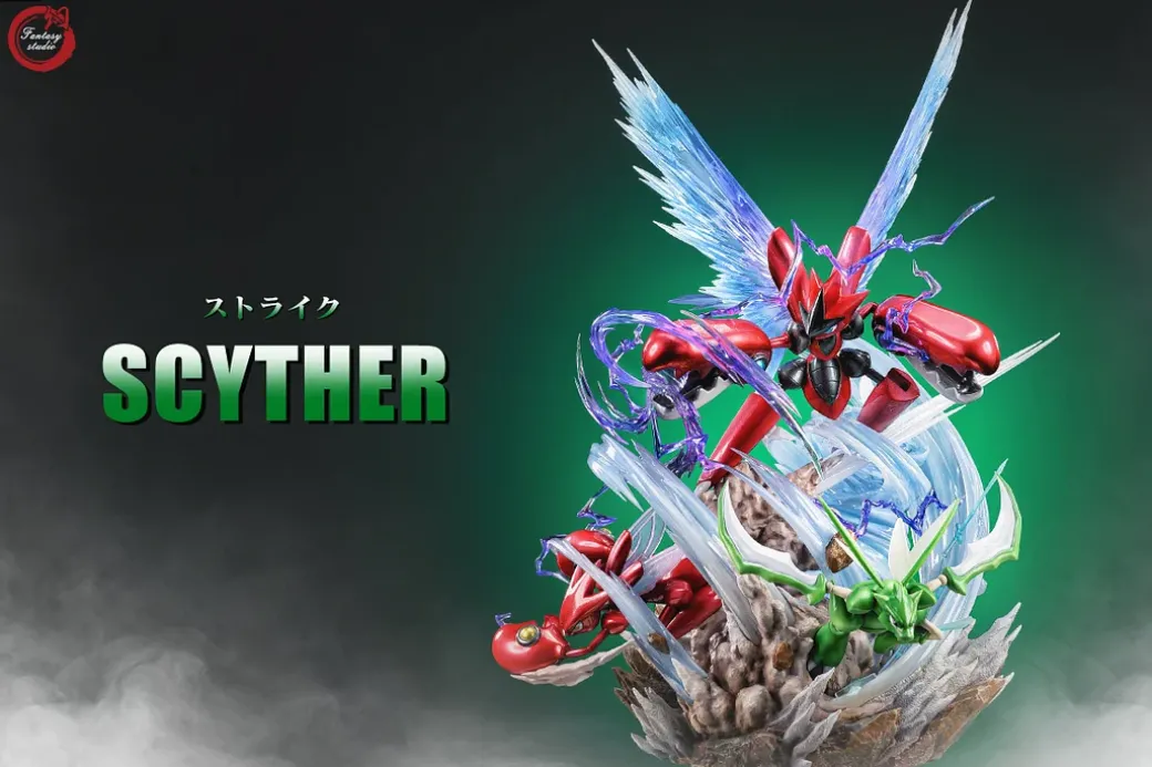GX Evolution Series 011 Swords Dance Scyther & Bullet Punch Scizor & Flash Cannon Mega Scizor with LED - Pokemon Resin Statue - Fantasy Studios