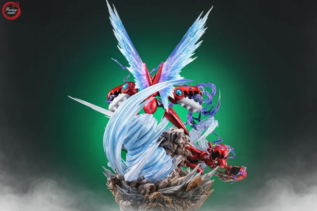 GX Evolution Series 011 Swords Dance Scyther & Bullet Punch Scizor & Flash Cannon Mega Scizor with LED - Pokemon Resin Statue - Fantasy Studios