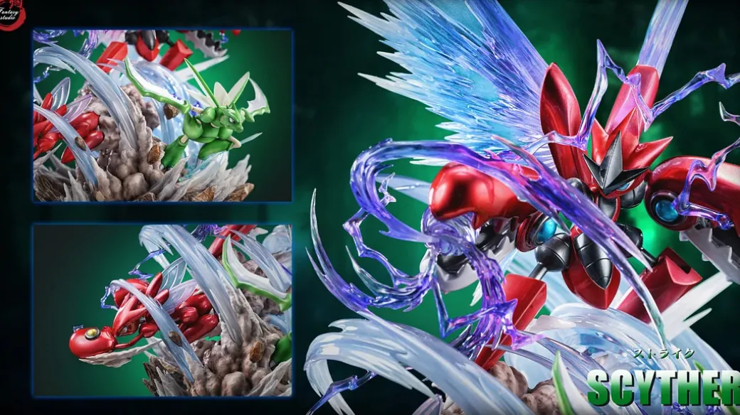 GX Evolution Series 011 Swords Dance Scyther & Bullet Punch Scizor & Flash Cannon Mega Scizor with LED - Pokemon Resin Statue - Fantasy Studios