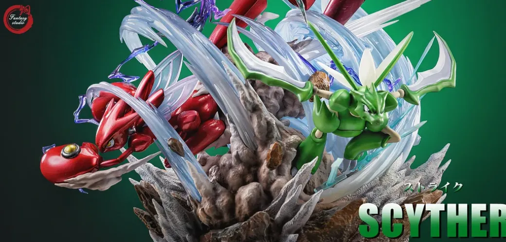 GX Evolution Series 011 Swords Dance Scyther & Bullet Punch Scizor & Flash Cannon Mega Scizor with LED - Pokemon Resin Statue - Fantasy Studios